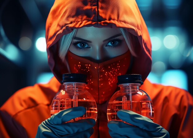 Foto una donna tiene in mano una bottiglia d'acqua con un cappuccio rosso.