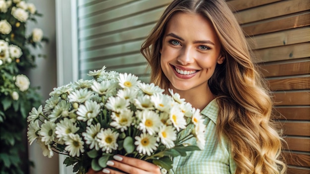 女性が手に花束を握っている