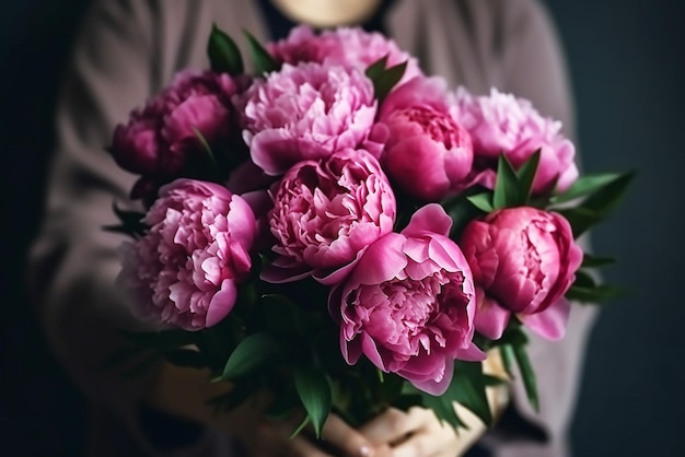 A woman holds a bouquet of peonies in her hands.