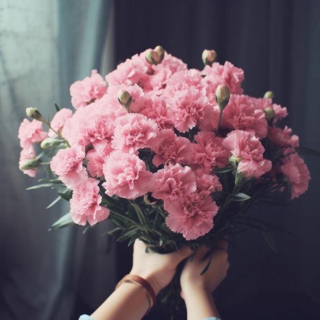 A woman holds a bouquet of pink carnations.