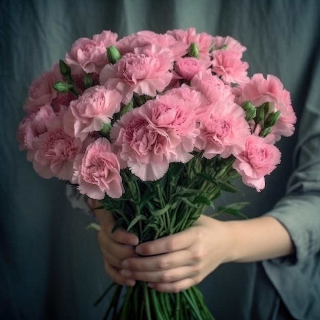 A woman holds a bouquet of pink carnations.