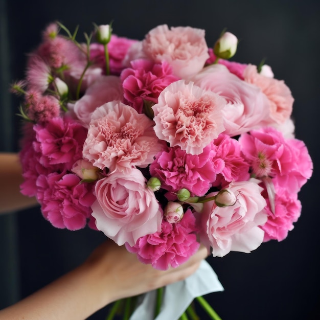 A woman holds a bouquet of pink carnations.