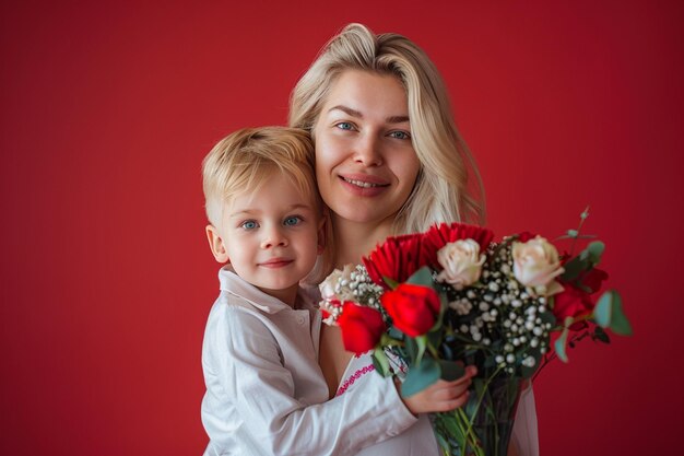 女性が男の子と一緒にバラの束を握っている