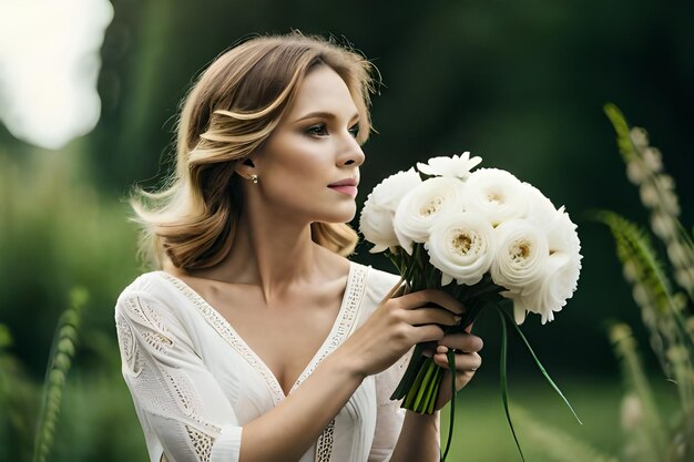 A woman holds a bouquet of white roses