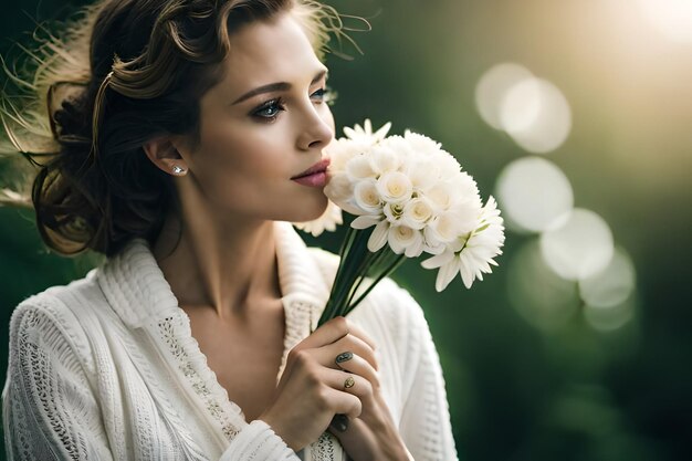 Photo a woman holds a bouquet of white roses.