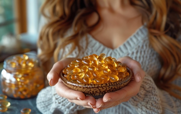 Woman holds bowl of fish oil capsules in her hands