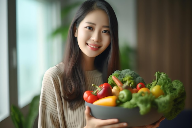 A woman holds a bowl of vegetables in her hands