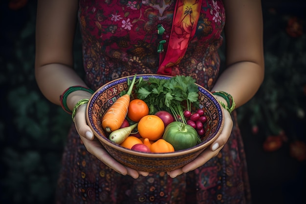 女性が手に野菜の入ったボウルを持っています。