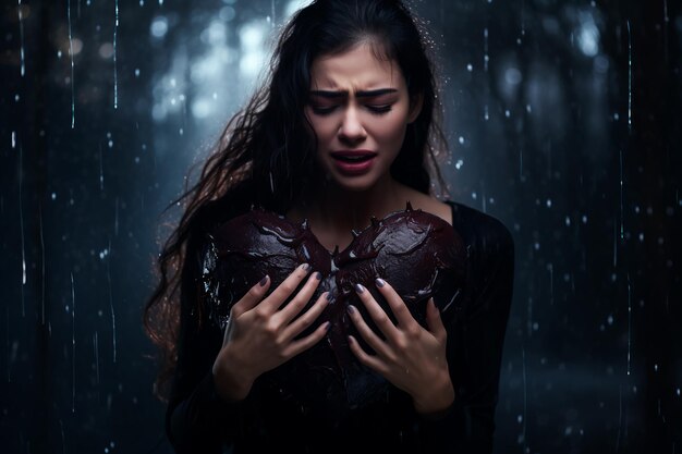 Photo a woman holds a broken heart a fantastic image of a broken heart in a chest a womans broken heart