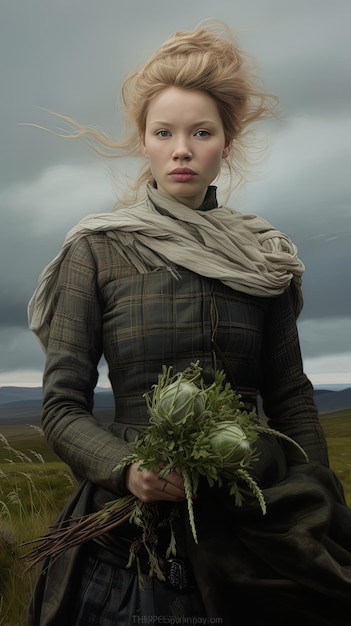 a woman holds a bunch of flowers in a field with mountains in the background.