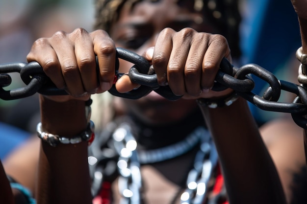 A woman holds a chain with the word africa on it.