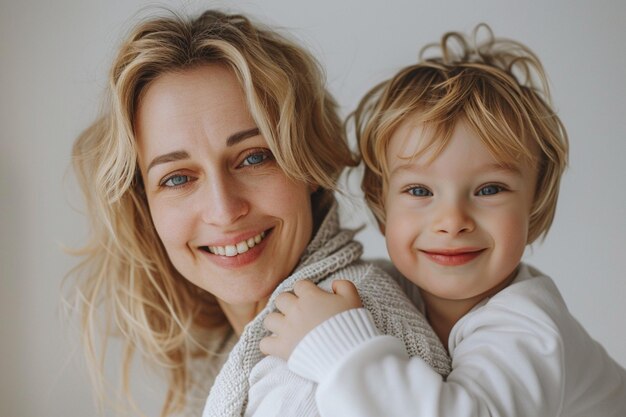 Photo a woman holds a child and smiles for the camera