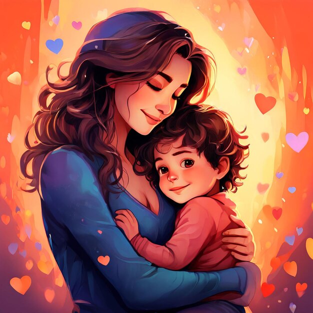 a woman holds a child with a red background with hearts and a child