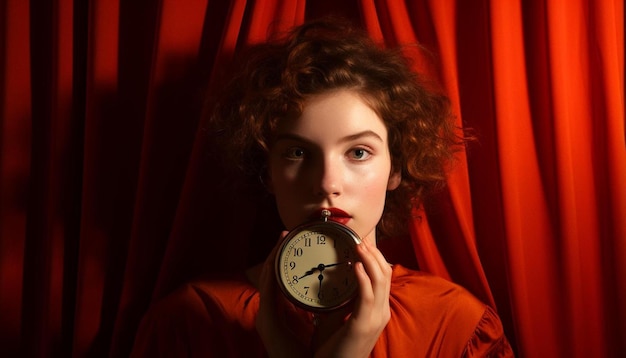 Photo a woman holds a clock with the time as 12  00