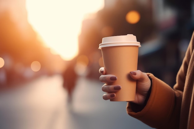 A woman holds a coffee cup in her hand