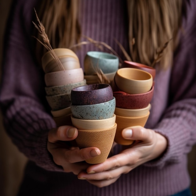 A woman holds a collection of painted pots in her hands.