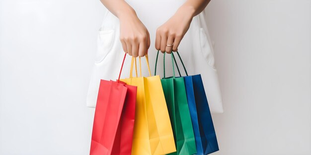 A woman holds colorful bags in her hands