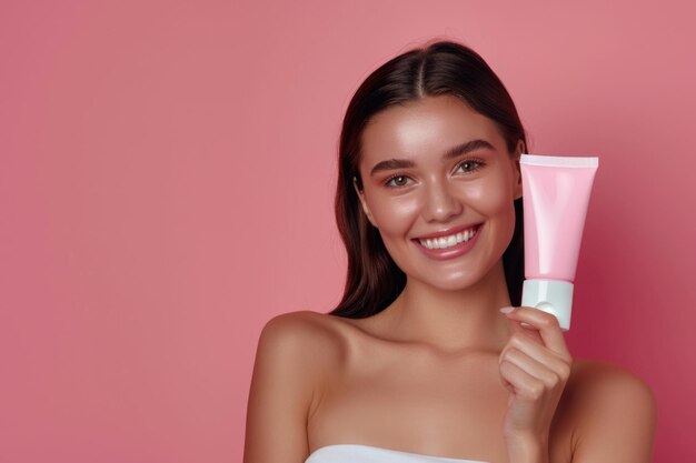 Photo woman holds cosmetic cream perfect makeup on pink background