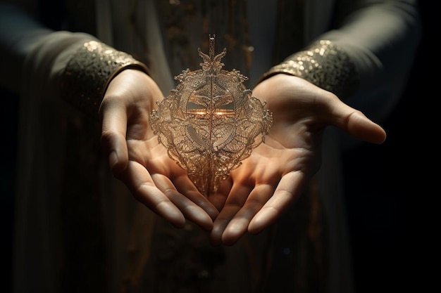 a woman holds a crucifix in her hands.