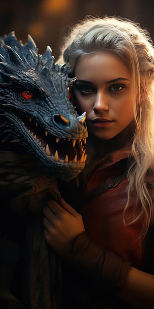 a woman holds a dragon with a woman in a red jacket.