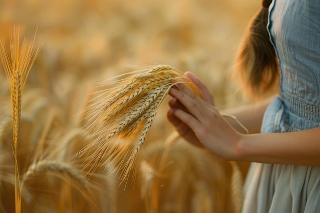 黄金の小麦の耳を握っている女性田舎の景色