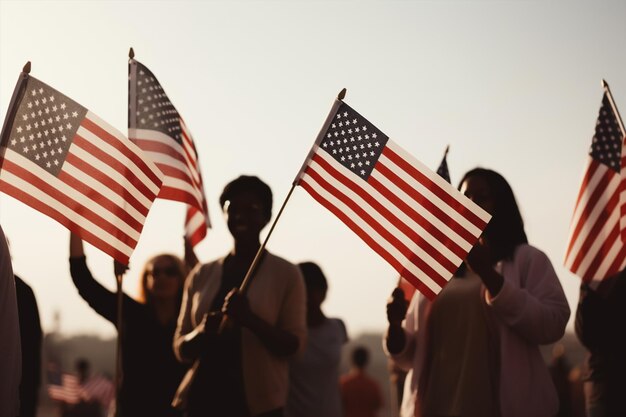 Photo a woman holds a flag in front of a crowd of people holding flags