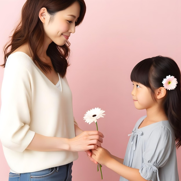 a woman holds a flower to a little girl