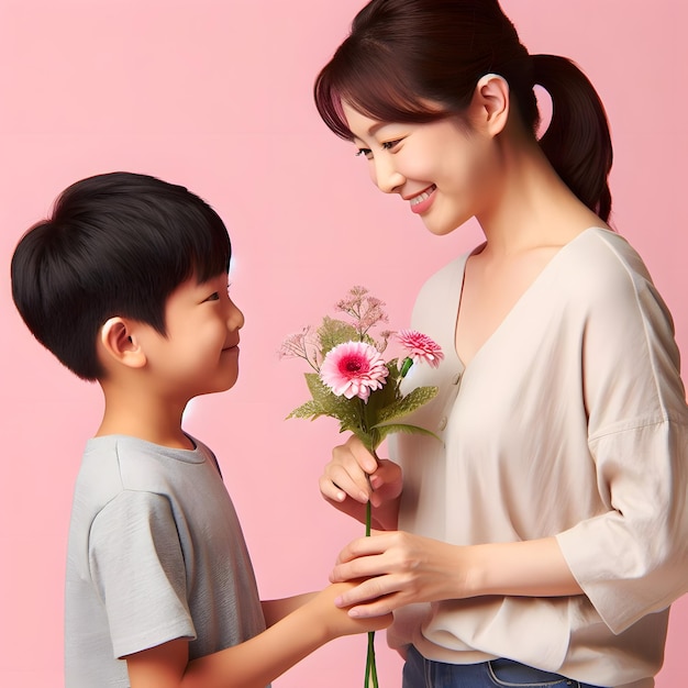 Photo a woman holds a flower with a child in the background