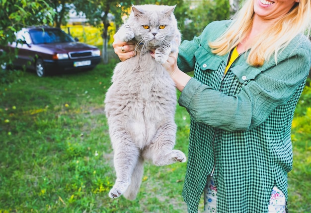 女性はふわふわの灰色の猫を保持しています。屋外でかわいい太った家のペット。面白い写真。