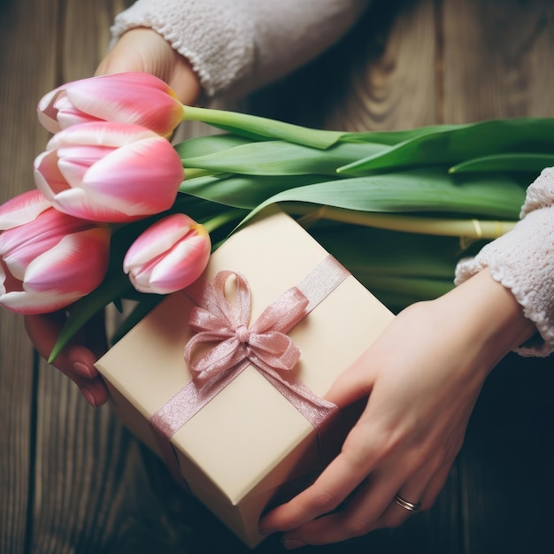 A woman holds a gift with a pink bow and a box with tulips.