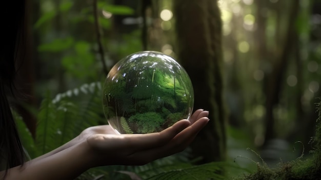 A woman holds a glass ball in her hand.