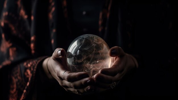 A woman holds a glass ball with the word light on it.