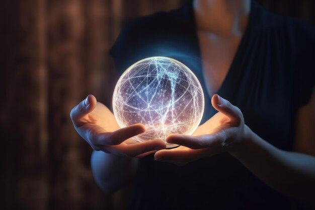 A woman holds a glowing sphere in her hands.