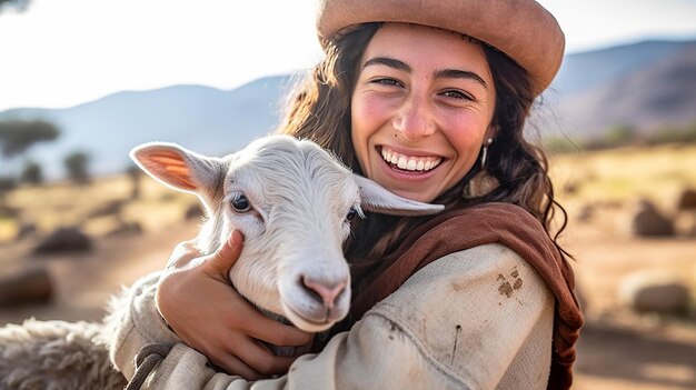 A woman holds a goat on a desert road