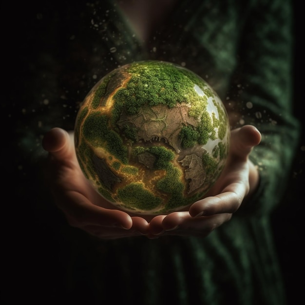 A woman holds a green globe in her hands.