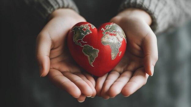 A woman holds a heart shaped world in her hands.