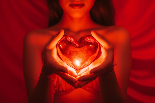 A woman holds a heart with the word love on it.