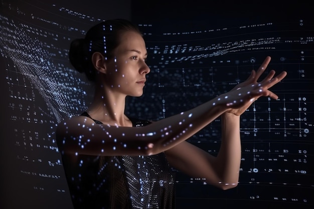 A woman holds her arm out in front of a screen that says'digital'on it