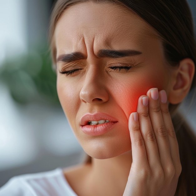 A woman holds her cheek while suffering from a toothache depicting the discomfort and pain experienced during dental issues emphasizing the need for oral health care and treatment