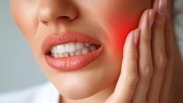 Photo a woman holds her cheek while suffering from a toothache depicting the discomfort and pain experienced during dental issues emphasizing the need for oral health care and treatment