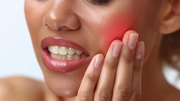 Photo a woman holds her cheek while suffering from a toothache depicting the discomfort and pain experienced during dental issues emphasizing the need for oral health care and treatment