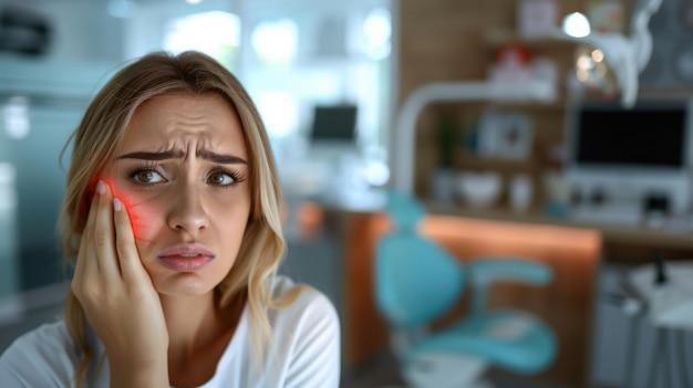 Photo a woman holds her cheek while suffering from a toothache depicting the discomfort and pain experienced during dental issues emphasizing the need for oral health care and treatment