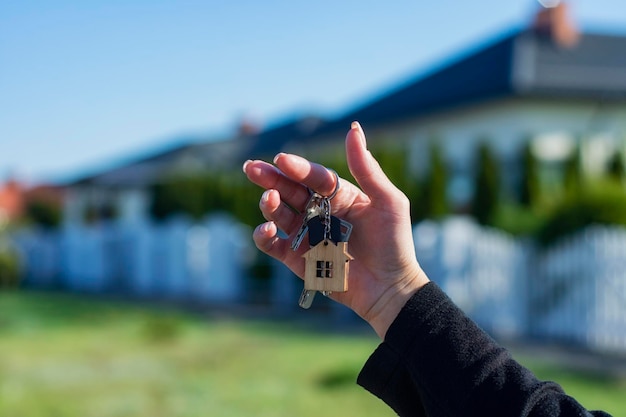 A woman holds in her hands the keys to the house against the\
background of residential buildings concept for buying and renting\
apartments