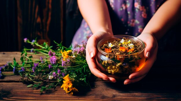 Photo a woman holds herbal tea in her hands generative ai drink