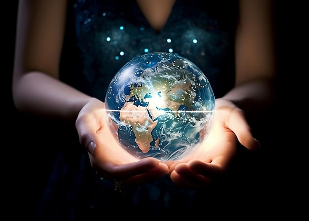 Woman holds hologram model of Earth globe on black background closeup Environment protection