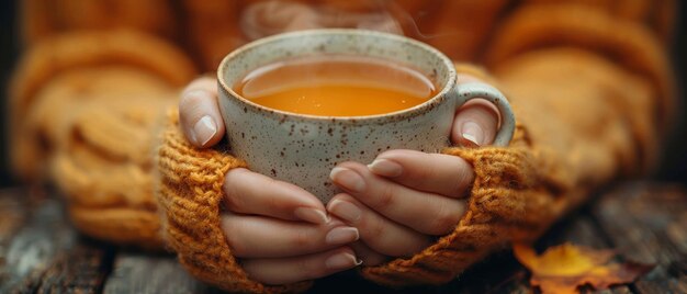 Женщина держит горячую чашку чая