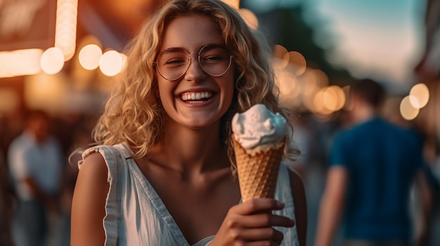 A woman holds an ice cream cone in summertime