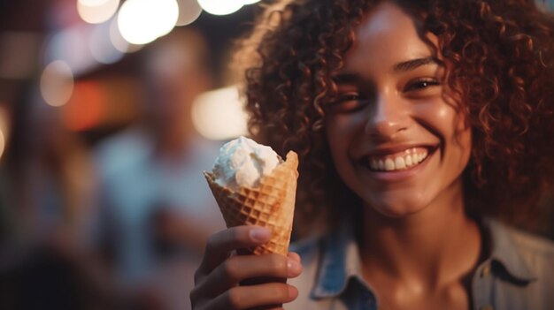 A woman holds an ice cream cone in summertime