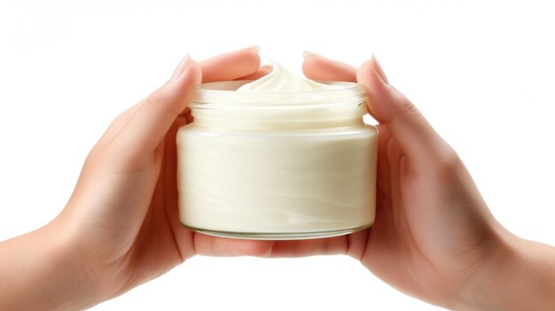 Woman holds a jar of beauty cream in her hands on a white background Created with Generative AI technology