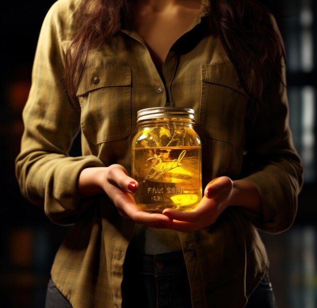 Photo a woman holds a jar full of liquid oil